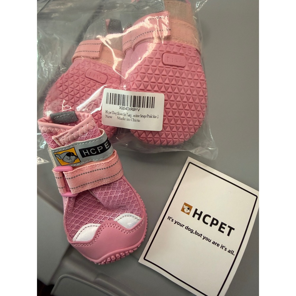 HCPET Dog Shoes Pink Anti-Slip Paw Protectors Reflective Straps Size 5 4PCS